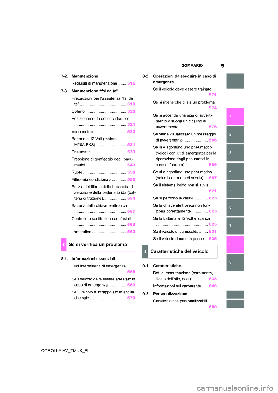TOYOTA COROLLA HATCHBACK 2021  Manuale duso (in Italian) 5SOMMARIO
COROLLA HV_TMUK_EL
1 
6 
5
4
3
2
9
8
7
7-2. Manutenzione 
Requisiti di manutenzione ........ 516 
7-3. Manutenzione “fai da te” 
Precauzioni per lassistenza “fai da  
te” ..........