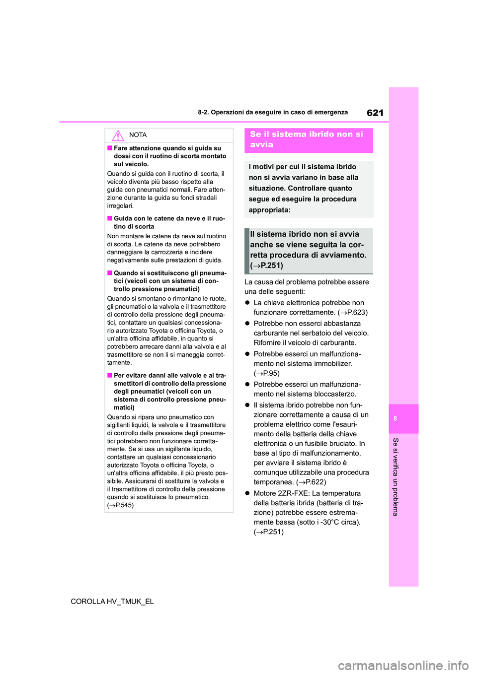 TOYOTA COROLLA HATCHBACK 2021 Manuale duso (in Italian) 621
8
8-2. Operazioni da eseguire in caso di emergenza
Se si verifica un problema
COROLLA HV_TMUK_EL
La causa del problema potrebbe essere
una delle seguenti:
La chiave elettronica potrebbe n TOYOTA COROLLA HATCHBACK 2021 Manuale duso (in Italian) 621
8
8-2. Operazioni da eseguire in caso di emergenza
Se si verifica un problema
COROLLA HV_TMUK_EL
La causa del problema potrebbe essere
una delle seguenti:
La chiave elettronica potrebbe n