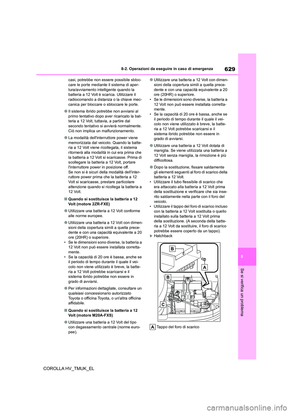 TOYOTA COROLLA HATCHBACK 2021 Manuale duso (in Italian) 629
8
8-2. Operazioni da eseguire in caso di emergenza
Se si verifica un problema
COROLLA HV_TMUK_EL
casi, potrebbe non essere possibile sbloc- care le porte mediante il sistema di aper-
tura/avviam TOYOTA COROLLA HATCHBACK 2021 Manuale duso (in Italian) 629
8
8-2. Operazioni da eseguire in caso di emergenza
Se si verifica un problema
COROLLA HV_TMUK_EL
casi, potrebbe non essere possibile sbloc- care le porte mediante il sistema di aper-
tura/avviam