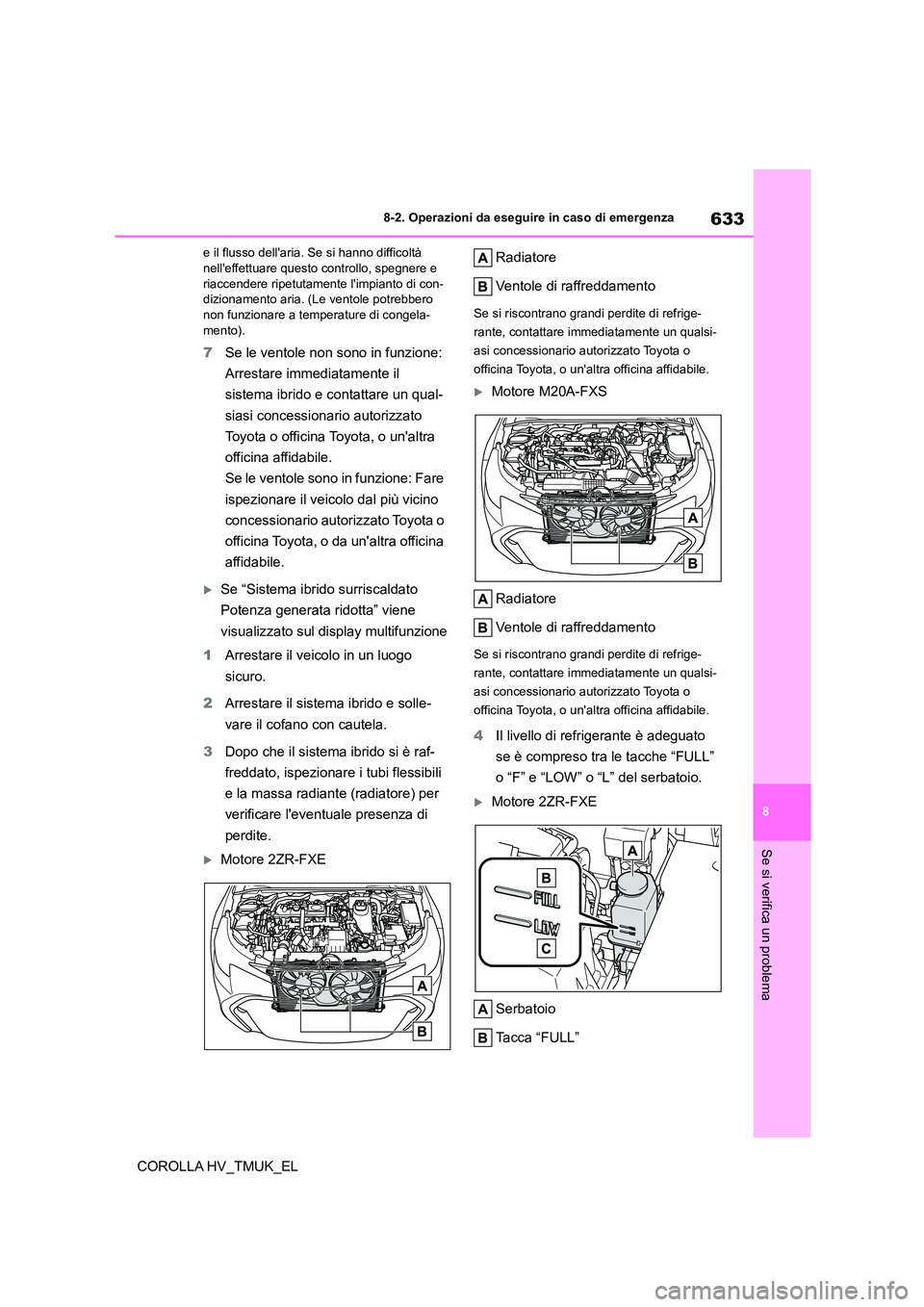 TOYOTA COROLLA HATCHBACK 2021 Manuale duso (in Italian) 633
8
8-2. Operazioni da eseguire in caso di emergenza
Se si verifica un problema
COROLLA HV_TMUK_EL
e il flusso dellaria. Se si hanno difficoltà nelleffettuare questo controllo, spegnere e
ria TOYOTA COROLLA HATCHBACK 2021 Manuale duso (in Italian) 633
8
8-2. Operazioni da eseguire in caso di emergenza
Se si verifica un problema
COROLLA HV_TMUK_EL
e il flusso dellaria. Se si hanno difficoltà nelleffettuare questo controllo, spegnere e
ria