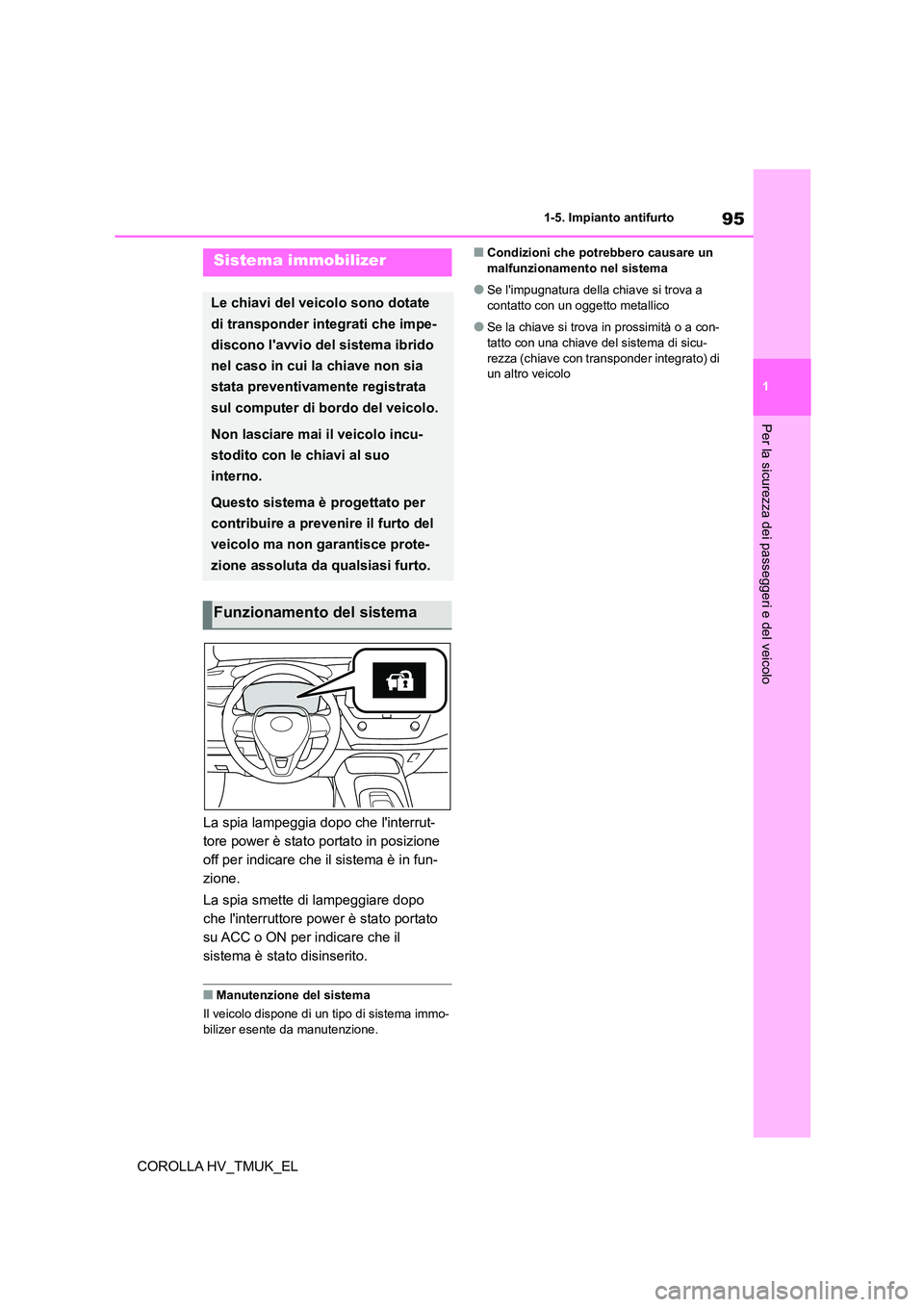 TOYOTA COROLLA HATCHBACK 2021 Manuale duso (in Italian) 95
1
1-5. Impianto antifurto
Per la sicurezza dei passeggeri e del veicolo
COROLLA HV_TMUK_EL
1-5.Impianto antifurto
La spia lampeggia dopo che linterrut-
tore power è stato portato in posizione
TOYOTA COROLLA HATCHBACK 2021 Manuale duso (in Italian) 95
1
1-5. Impianto antifurto
Per la sicurezza dei passeggeri e del veicolo
COROLLA HV_TMUK_EL
1-5.Impianto antifurto
La spia lampeggia dopo che linterrut-
tore power è stato portato in posizione