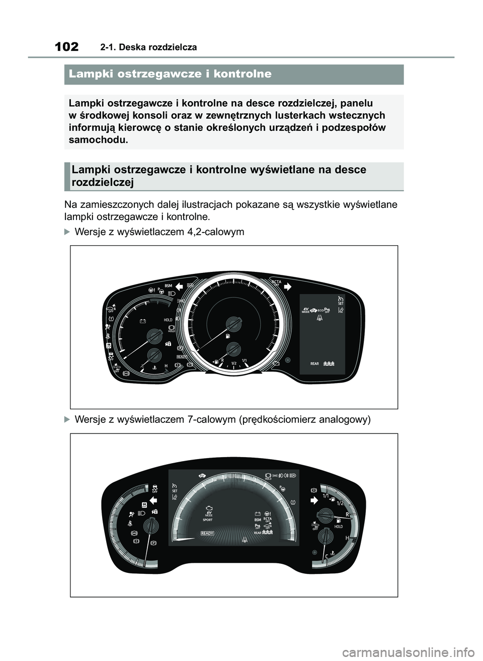 TOYOTA COROLLA HATCHBACK 2021  Instrukcja obsługi (in Polish) Na zamieszczonych dalej ilustracjach pokazane sà wszystkie wyÊwietlane
lampki ostrzegawcze i kontrolne.
óWersje z wyÊwietlaczem 4,2-calowym
óWersje z wyÊwietlaczem 7-calowym (pr´dkoÊciomierz a