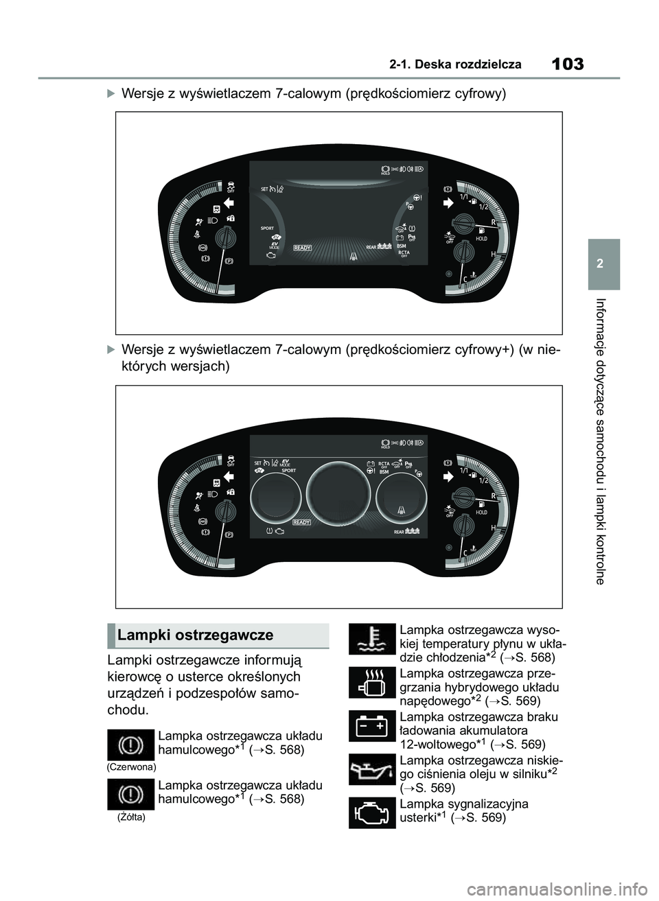 TOYOTA COROLLA HATCHBACK 2021  Instrukcja obsługi (in Polish) Lampki ostrzegawcze informujà
kierowc´ o usterce okreÊlonych
urzàdzeƒ i podzespo∏ów samo-
chodu.
Lampka ostrzegawcza uk∏adu
hamulcowego*1(S. 568)
Lampka ostrzegawcza uk∏adu
hamulcowego*
1