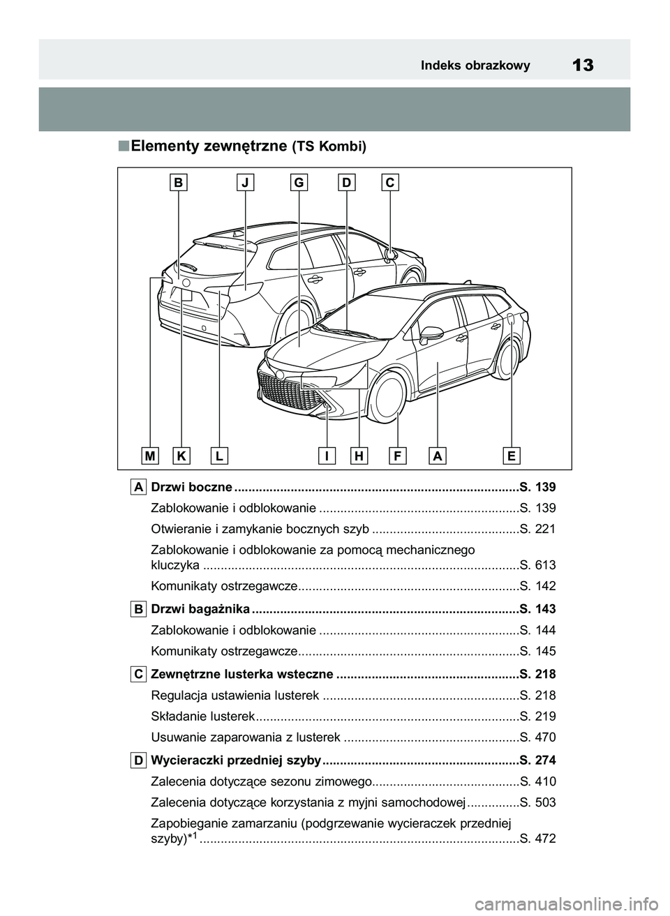 TOYOTA COROLLA HATCHBACK 2020  Instrukcja obsługi (in Polish) Elementy zewn´trzne (TS Kombi)
Drzwi boczne .................................................................................S. 139
Zablokowanie i odblokowanie .......................................