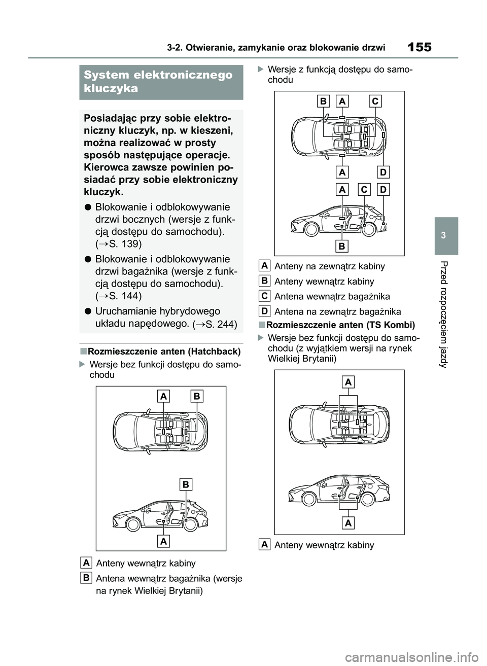 TOYOTA COROLLA HATCHBACK 2020  Instrukcja obsługi (in Polish) Rozmieszczenie anten (Hatchback)
óWersje bez funkcji dost´pu do samo-
chodu
Anteny wewnàtrz kabiny
Antena wewnàtrz baga˝nika (wersje
na rynek Wielkiej Brytanii)
óWersje z funkcjà dost´pu do sa