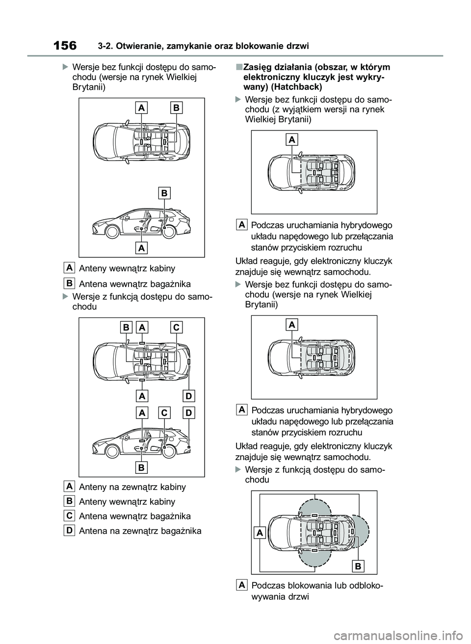 TOYOTA COROLLA HATCHBACK 2020  Instrukcja obsługi (in Polish) óWersje bez funkcji dost´pu do samo-
chodu (wersje na rynek Wielkiej
Brytanii)
Anteny wewnàtrz kabiny
Antena wewnàtrz baga˝nika
óWersje z funkcjà dost´pu do samo-
chodu
Anteny na zewnàtrz kab