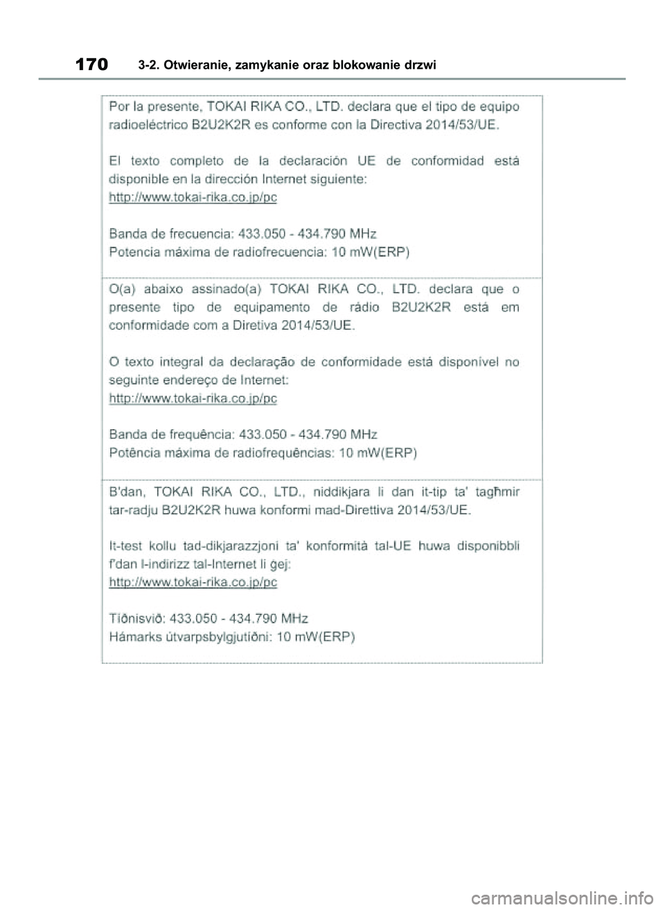 TOYOTA COROLLA HATCHBACK 2020 Instrukcja obsługi (in Polish) 1703-2. Otwieranie, zamykanie oraz blokowanie drzwi
8 Corolla TMUK HV OM12P55E 3/4/21 4:04 PM Page 170 TOYOTA COROLLA HATCHBACK 2020 Instrukcja obsługi (in Polish) 1703-2. Otwieranie, zamykanie oraz blokowanie drzwi
8 Corolla TMUK HV OM12P55E 3/4/21 4:04 PM Page 170