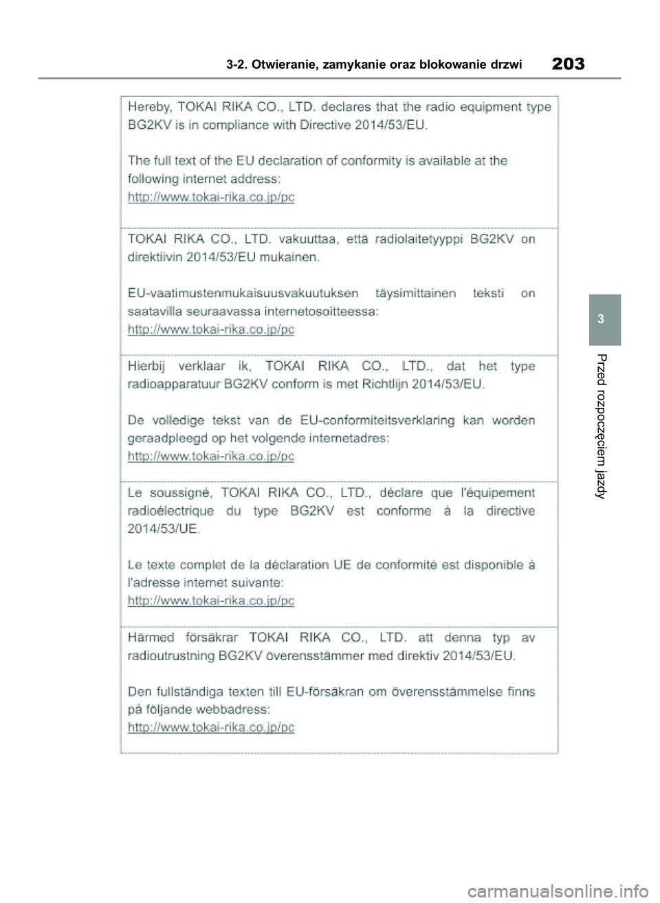TOYOTA COROLLA HATCHBACK 2020 Instrukcja obsługi (in Polish) Przed rozpocz´ciem jazdy
3-2. Otwieranie, zamykanie oraz blokowanie drzwi203
3
8 Corolla TMUK HV OM12P55E 3/4/21 4:05 PM Page 203 TOYOTA COROLLA HATCHBACK 2020 Instrukcja obsługi (in Polish) Przed rozpocz´ciem jazdy
3-2. Otwieranie, zamykanie oraz blokowanie drzwi203
3
8 Corolla TMUK HV OM12P55E 3/4/21 4:05 PM Page 203