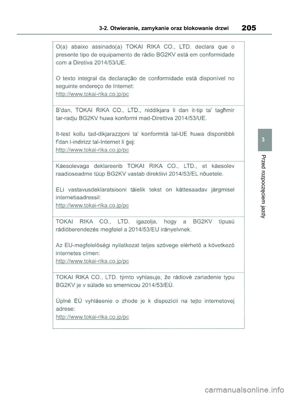 TOYOTA COROLLA HATCHBACK 2020 Instrukcja obsługi (in Polish) Przed rozpocz´ciem jazdy
3-2. Otwieranie, zamykanie oraz blokowanie drzwi205
3
8 Corolla TMUK HV OM12P55E 3/4/21 4:05 PM Page 205 TOYOTA COROLLA HATCHBACK 2020 Instrukcja obsługi (in Polish) Przed rozpocz´ciem jazdy
3-2. Otwieranie, zamykanie oraz blokowanie drzwi205
3
8 Corolla TMUK HV OM12P55E 3/4/21 4:05 PM Page 205