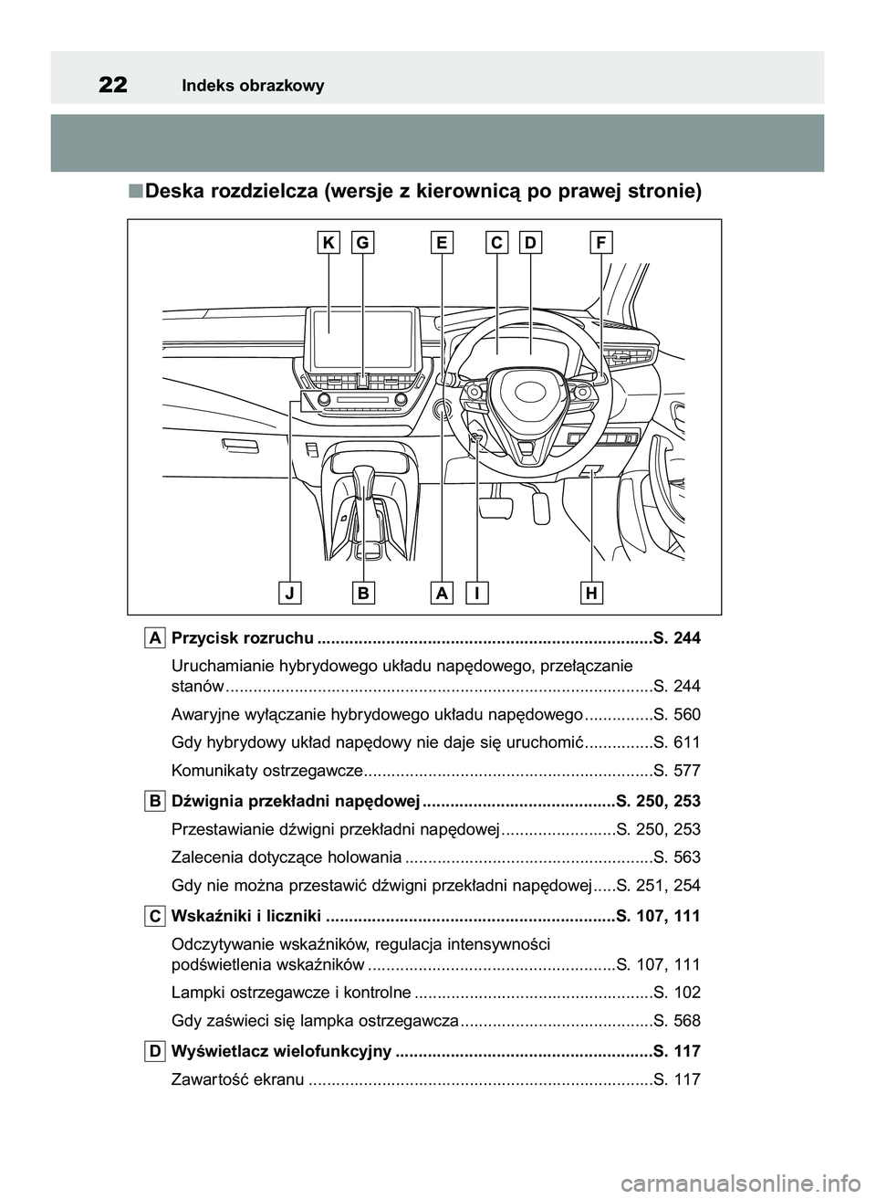 TOYOTA COROLLA HATCHBACK 2020 Instrukcja obsługi (in Polish) Deska rozdzielcza (wersje z kierownicà po prawej stronie)
Przycisk rozruchu .........................................................................S. 244
Uruchamianie hybrydowego uk∏adu nap´dowe TOYOTA COROLLA HATCHBACK 2020 Instrukcja obsługi (in Polish) Deska rozdzielcza (wersje z kierownicà po prawej stronie)
Przycisk rozruchu .........................................................................S. 244
Uruchamianie hybrydowego uk∏adu nap´dowe