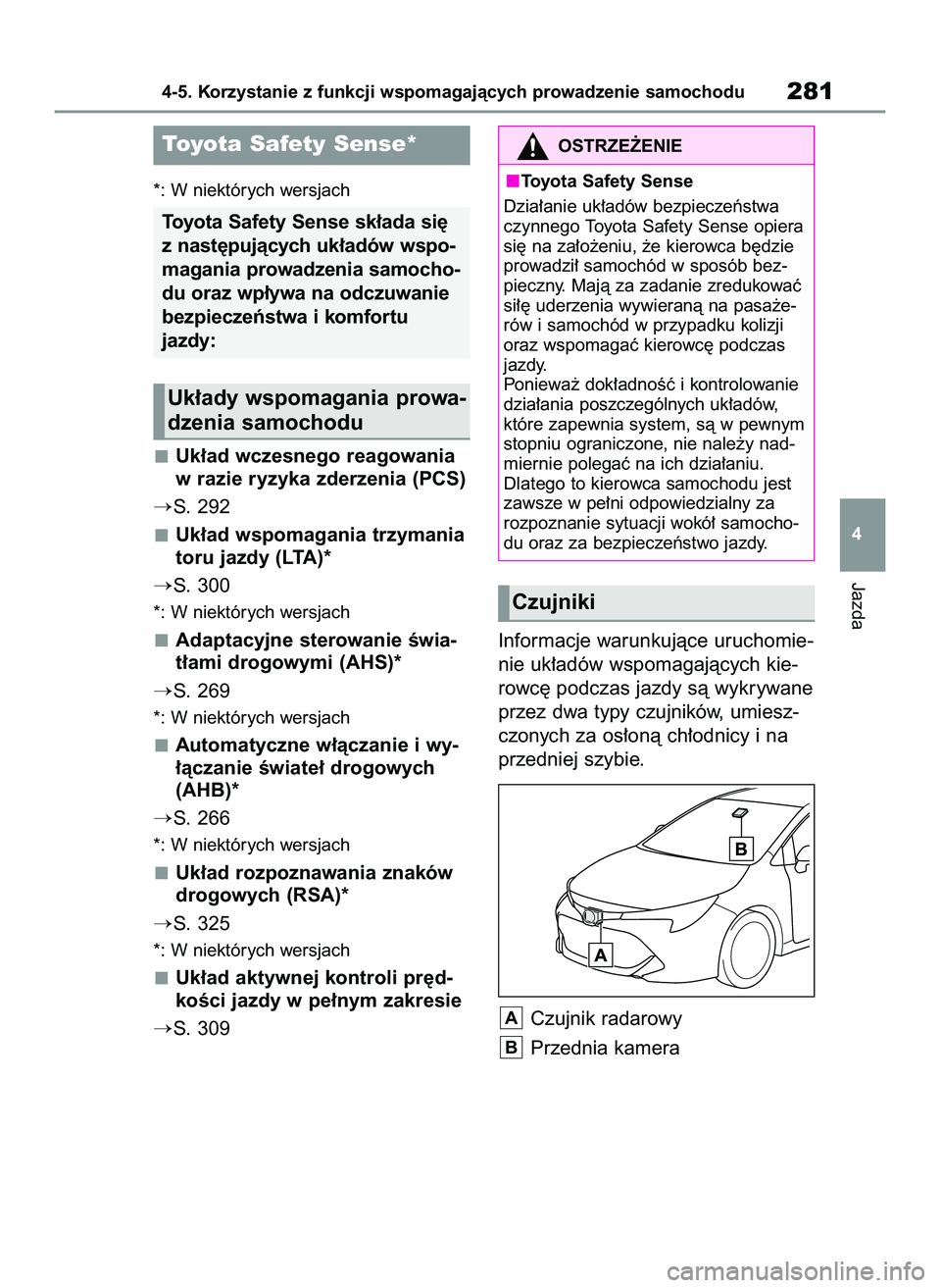 TOYOTA COROLLA HATCHBACK 2020  Instrukcja obsługi (in Polish) *: W niektórych wersjach
Uk∏ad wczesnego reagowania
w razie ryzyka zderzenia (PCS)
S. 292
Uk∏ad wspomagania trzymania
toru jazdy (LTA)*
S. 300
*: W niektórych wersjach
Adaptacyjne sterowanie 