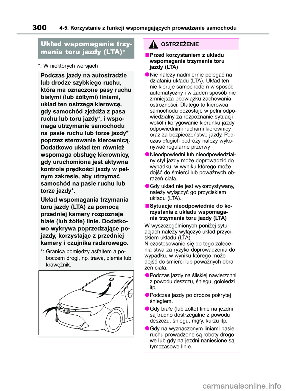 TOYOTA COROLLA HATCHBACK 2020  Instrukcja obsługi (in Polish) *: W niektórych wersjach
3004-5. Korzystanie z funkcji wspomagajàcych prowadzenie samochodu
Uk∏ad wspomagania trzy-
mania toru jazdy (LTA)*
Podczas jazdy na autostradzie
lub drodze szybkiego ruchu