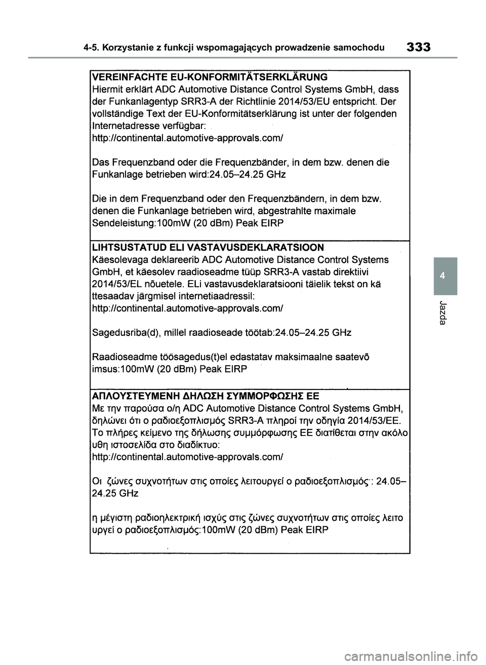 TOYOTA COROLLA HATCHBACK 2020  Instrukcja obsługi (in Polish) Jazda
4-5. Korzystanie z funkcji wspomagajàcych prowadzenie samochodu333
4
8 Corolla TMUK HV OM12P55E  3/4/21  4:07 PM  Page 333 