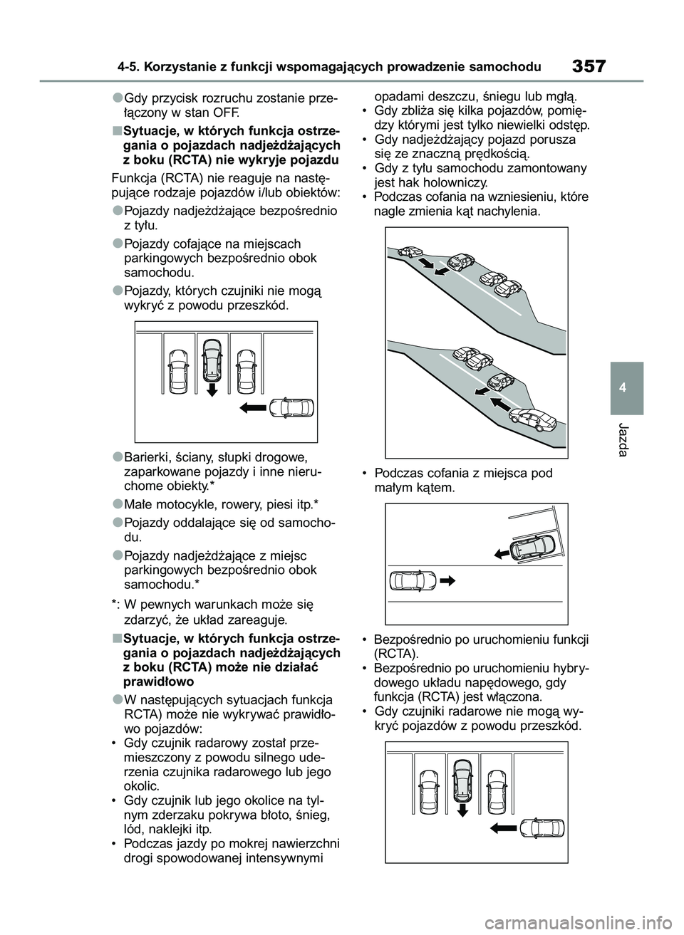 TOYOTA COROLLA HATCHBACK 2020  Instrukcja obsługi (in Polish) Jazda
4-5. Korzystanie z funkcji wspomagajàcych prowadzenie samochodu357
4 Gdy przycisk rozruchu zostanie prze-
∏àczony w stan OFF.
Sytuacje, w których funkcja ostrze-
gania o pojazdach nadje˝d