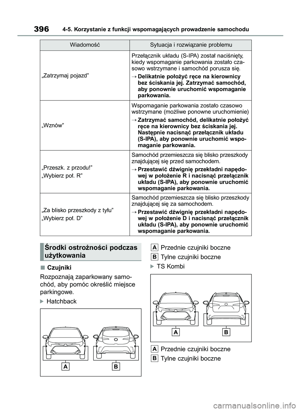 TOYOTA COROLLA HATCHBACK 2020  Instrukcja obsługi (in Polish) Czujniki
Rozpoznajà zaparkowany samo-
chód, aby pomóc okreÊliç miejsce
parkingowe.
óHatchbackPrzednie czujniki boczne
Tylne czujniki boczne
óTS Kombi
Przednie czujniki boczne
Tylne czujniki boc