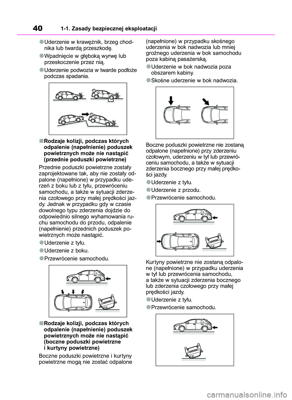 TOYOTA COROLLA HATCHBACK 2020 Instrukcja obsługi (in Polish) Uderzenie w kraw´˝nik, brzeg chod-
nika lub twardà przeszkod´.
Wpadni´cie w g∏´bokà wyrw´ lub
przeskoczenie przez nià.
Uderzenie podwozia w twarde pod∏o˝e
podczas spadania.
Rodzaje koliz TOYOTA COROLLA HATCHBACK 2020 Instrukcja obsługi (in Polish) Uderzenie w kraw´˝nik, brzeg chod-
nika lub twardà przeszkod´.
Wpadni´cie w g∏´bokà wyrw´ lub
przeskoczenie przez nià.
Uderzenie podwozia w twarde pod∏o˝e
podczas spadania.
Rodzaje koliz