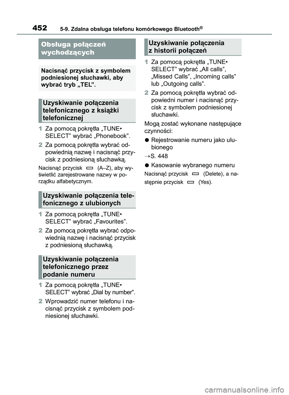 TOYOTA COROLLA HATCHBACK 2021  Instrukcja obsługi (in Polish) 1Za pomocà pokr´t∏a „TUNE•
SELECT” wybraç „Phonebook”.
2Za pomocà pokr´t∏a wybraç od-
powiednià nazw´ i nacisnàç przy-
cisk z podniesionà s∏uchawkà.
Nacisnàç przycisk  (A