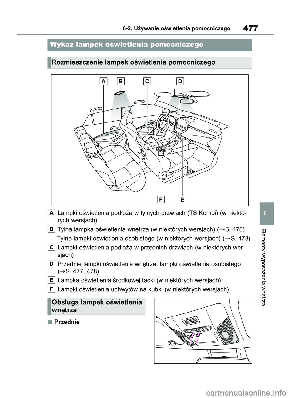 TOYOTA COROLLA HATCHBACK 2020 Instrukcja obsługi (in Polish) Przednie
Elementy wyposa˝enia wn´trza
6-2. U˝ywanie oÊwietlenia pomocniczego477
6
Wykaz lampek oÊwietlenia pomocniczego
Rozmieszczenie lampek oÊwietlenia pomocniczego
Lampki oÊwietlenia pod∏o TOYOTA COROLLA HATCHBACK 2020 Instrukcja obsługi (in Polish) Przednie
Elementy wyposa˝enia wn´trza
6-2. U˝ywanie oÊwietlenia pomocniczego477
6
Wykaz lampek oÊwietlenia pomocniczego
Rozmieszczenie lampek oÊwietlenia pomocniczego
Lampki oÊwietlenia pod∏o