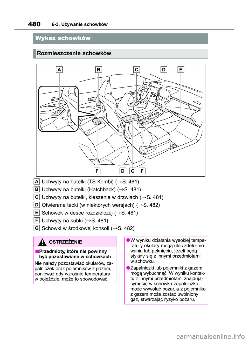 TOYOTA COROLLA HATCHBACK 2020  Instrukcja obsługi (in Polish) Uchwyty na butelki (TS Kombi) (S. 481)
Uchwyty na butelki (Hatchback) (
S. 481)
Uchwyty na butelki, kieszenie w drzwiach (
S. 481)
Otwierane tacki (w niektórych wersjach) (
S. 482)
Schowek w desc