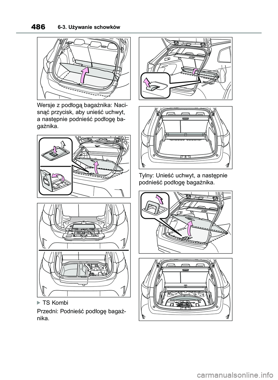 TOYOTA COROLLA HATCHBACK 2020  Instrukcja obsługi (in Polish) Wersje z pod∏ogà baga˝nika: Naci-
snàç przycisk, aby unieÊç uchwyt,
a nast´pnie podnieÊç pod∏og´ ba-
ga˝nika.
óTS Kombi
Przedni: PodnieÊç pod∏og´ baga˝-
nika.Tylny: UnieÊç uchw