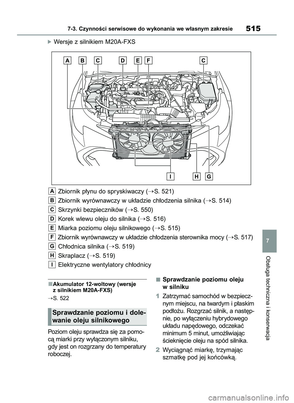 TOYOTA COROLLA HATCHBACK 2020  Instrukcja obsługi (in Polish) Akumulator 12-woltowy (wersje
z silnikiem M20A-FXS)
S. 522
Poziom oleju sprawdza si´ za pomo-
cà miarki przy wy∏àczonym silniku,
gdy jest on rozgrzany do temperatury
roboczej.Sprawdzanie poziomu