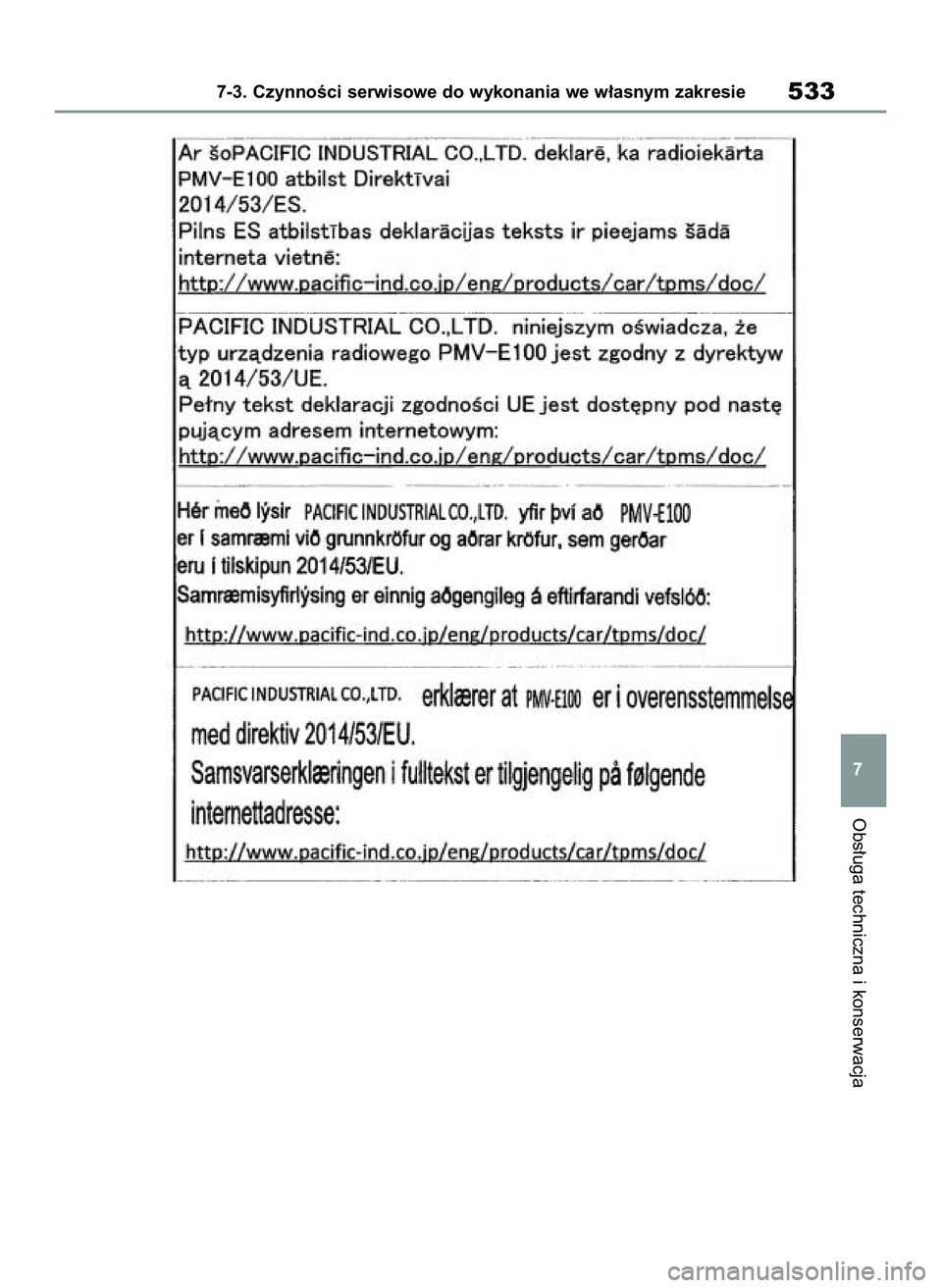 TOYOTA COROLLA HATCHBACK 2020 Instrukcja obsługi (in Polish) Obs∏uga techniczna i konserwacja
7-3. CzynnoÊci serwisowe do wykonania we w∏asnym zakresie533
7
8 Corolla TMUK HV OM12P55E 3/4/21 4:08 PM Page 533 TOYOTA COROLLA HATCHBACK 2020 Instrukcja obsługi (in Polish) Obs∏uga techniczna i konserwacja
7-3. CzynnoÊci serwisowe do wykonania we w∏asnym zakresie533
7
8 Corolla TMUK HV OM12P55E 3/4/21 4:08 PM Page 533
