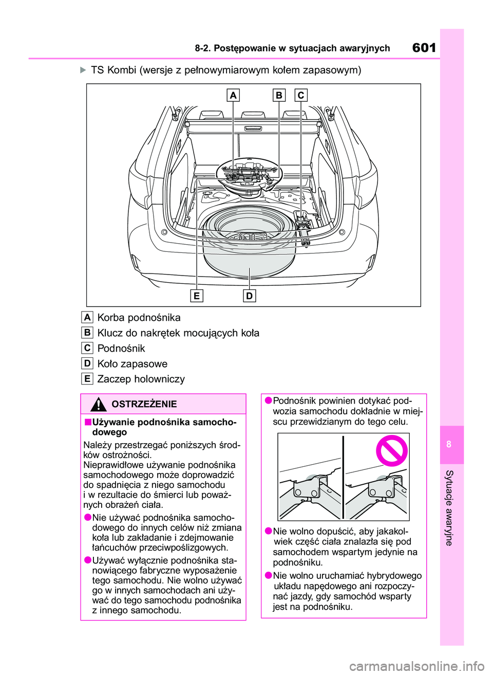 TOYOTA COROLLA HATCHBACK 2020 Instrukcja obsługi (in Polish) óTS Kombi (wersje z pe∏nowymiarowym ko∏em zapasowym)
Korba podnoÊnika
Klucz do nakr´tek mocujàcych ko∏a
PodnoÊnik
Ko∏o zapasowe
Zaczep holowniczy
E
D
C
B
A
Sytuacje awaryjne
8-2. Post´po TOYOTA COROLLA HATCHBACK 2020 Instrukcja obsługi (in Polish) óTS Kombi (wersje z pe∏nowymiarowym ko∏em zapasowym)
Korba podnoÊnika
Klucz do nakr´tek mocujàcych ko∏a
PodnoÊnik
Ko∏o zapasowe
Zaczep holowniczy
E
D
C
B
A
Sytuacje awaryjne
8-2. Post´po
