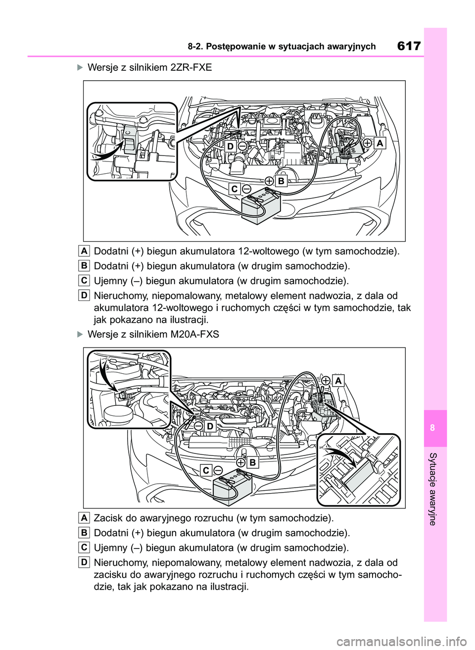 TOYOTA COROLLA HATCHBACK 2020  Instrukcja obsługi (in Polish) óWersje z silnikiem 2ZR-FXE
Dodatni (+) biegun akumulatora 12-woltowego (w tym samochodzie).
Dodatni (+) biegun akumulatora (w drugim samochodzie).
Ujemny (–) biegun akumulatora (w drugim samochodz