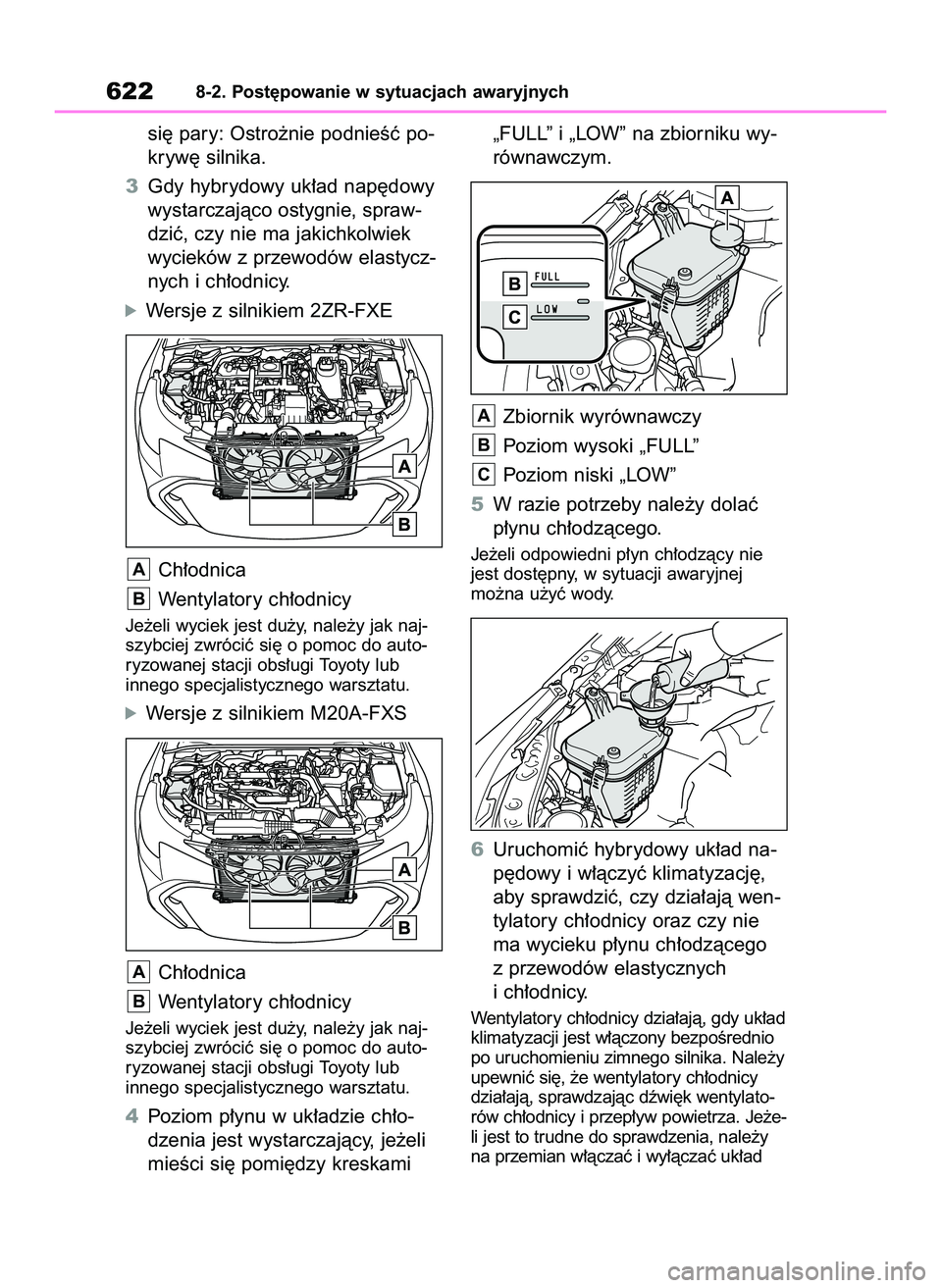 TOYOTA COROLLA HATCHBACK 2020 Instrukcja obsługi (in Polish) si´ pary: Ostro˝nie podnieÊç po-
kryw´ silnika.
3Gdy hybrydowy uk∏ad nap´dowy
wystarczajàco ostygnie, spraw-
dziç, czy nie ma jakichkolwiek
wycieków z przewodów elastycz-
nych i ch∏odnic TOYOTA COROLLA HATCHBACK 2020 Instrukcja obsługi (in Polish) si´ pary: Ostro˝nie podnieÊç po-
kryw´ silnika.
3Gdy hybrydowy uk∏ad nap´dowy
wystarczajàco ostygnie, spraw-
dziç, czy nie ma jakichkolwiek
wycieków z przewodów elastycz-
nych i ch∏odnic
