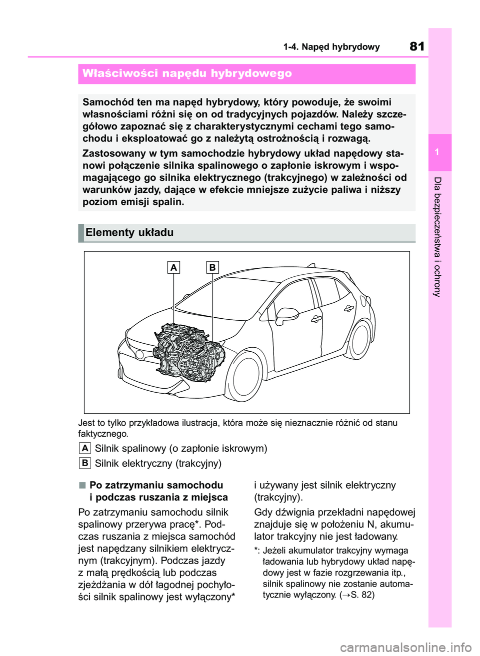 TOYOTA COROLLA HATCHBACK 2020  Instrukcja obsługi (in Polish) Po zatrzymaniu samochodu
i podczas ruszania z miejsca
Po zatrzymaniu samochodu silnik
spalinowy przerywa prac´*. Pod-
czas ruszania z miejsca samochód
jest nap´dzany silnikiem elektrycz-
nym (trakc