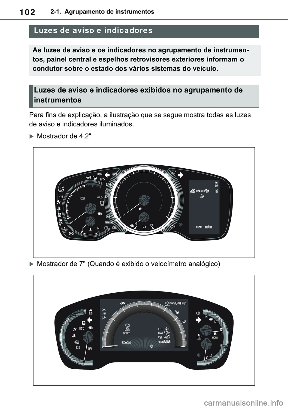 TOYOTA COROLLA HATCHBACK 2020  Manual de utilização (in Portuguese) 102�������$�J�U�X�S�D�P�H�Q�W�R��G�H��L�Q�V�W�U�X�P�H�Q�W�R�V
�����,�Q�V�W�U�X�P�H�Q�W��F�O�X�V�W�H�U
<003300440055004400030049004c0051005600030047004800030048005b0053004f004c00460044006f