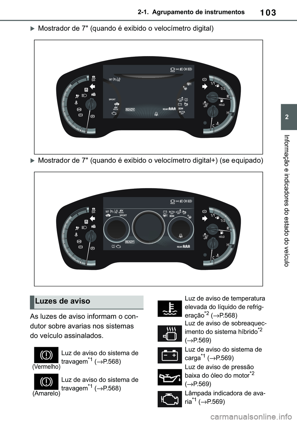 TOYOTA COROLLA HATCHBACK 2020  Manual de utilização (in Portuguese) 103
� �������$�J�U�X�S�D�P�H�Q�W�R��G�H��L�Q�V�W�U�X�P�H�Q�W�R�V
�,�Q�I�R�U�P�D�o�m�R��H��L�Q�G�L�F�D�G�R�U�H�V��G�R��H�V�W�D�G�R��G�R��Y�H�t�F�X�O�R
�X<00300052005600570055004400470052