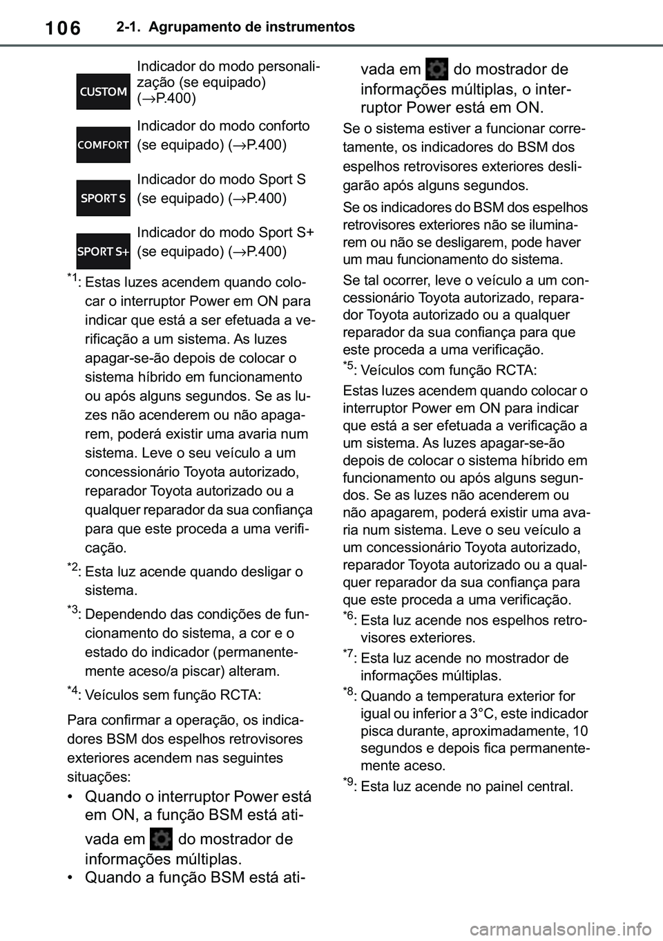 TOYOTA COROLLA HATCHBACK 2020  Manual de utilização (in Portuguese) 106�������$�J�U�X�S�D�P�H�Q�W�R��G�H��L�Q�V�W�U�X�P�H�Q�W�R�V
�
�� �(�V�W�D�V��O�X�]�H�V��D�F�H�Q�G�H�P��T�X�D�Q�G�R��F�R�O�R-
�F�D�U��R��L�Q�W�H�U�U�X�S�W�R�U��3�R�Z�H�U��H�P��2�1�