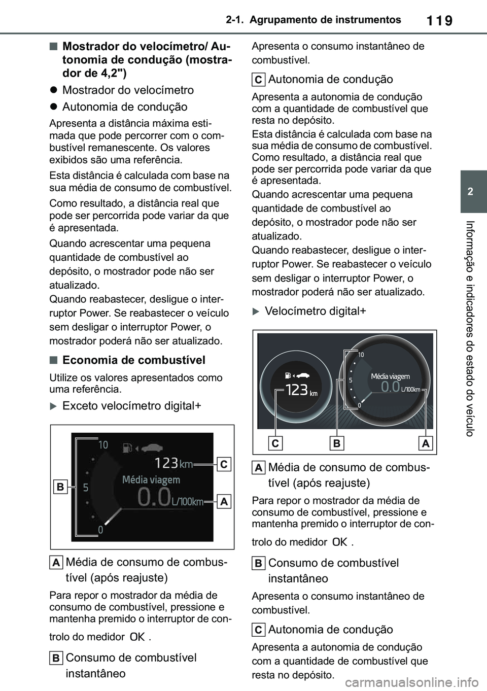 TOYOTA COROLLA HATCHBACK 2020  Manual de utilização (in Portuguese) 119
� �������$�J�U�X�S�D�P�H�Q�W�R��G�H��L�Q�V�W�U�X�P�H�Q�W�R�V
�,�Q�I�R�U�P�D�o�m�R��H��L�Q�G�L�F�D�G�R�U�H�V��G�R��H�V�W�D�G�R��G�R��Y�H�t�F�X�O�R
■�0�R�V�W�U�D�G�R�U��G�R��Y�H�O