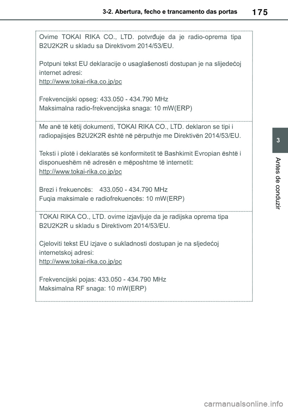TOYOTA COROLLA HATCHBACK 2020  Manual de utilização (in Portuguese) 175
� ������$�E�H�U�W�X�U�D���I�H�F�K�R��H��W�U�D�Q�F�D�P�H�Q�W�R��G�D�V��S�R�U�W�D�V
�$�Q�W�H�V��G�H��F�R�Q�G�X�]�L�U 