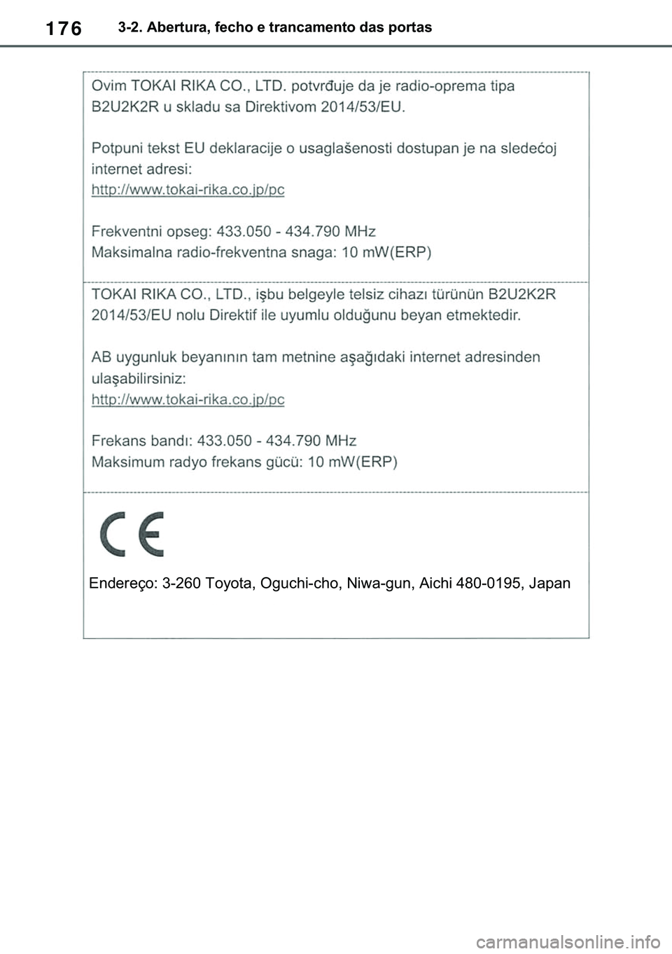 TOYOTA COROLLA HATCHBACK 2020  Manual de utilização (in Portuguese) 176������$�E�H�U�W�X�U�D���I�H�F�K�R��H��W�U�D�Q�F�D�P�H�Q�W�R��G�D�V��S�R�U�W�D�V
�(�Q�G�H�U�H�o�R���������7�R�\�R�W�D���2�J�X�F�K�L��F�K�R���1�L�Z�D��J�X�Q���$�L�F�K�L��