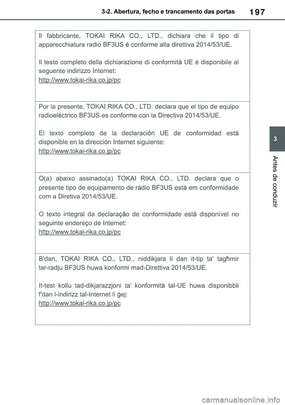 TOYOTA COROLLA HATCHBACK 2020  Manual de utilização (in Portuguese) 197
� ������$�E�H�U�W�X�U�D���I�H�F�K�R��H��W�U�D�Q�F�D�P�H�Q�W�R��G�D�V��S�R�U�W�D�V
�$�Q�W�H�V��G�H��F�R�Q�G�X�]�L�U 