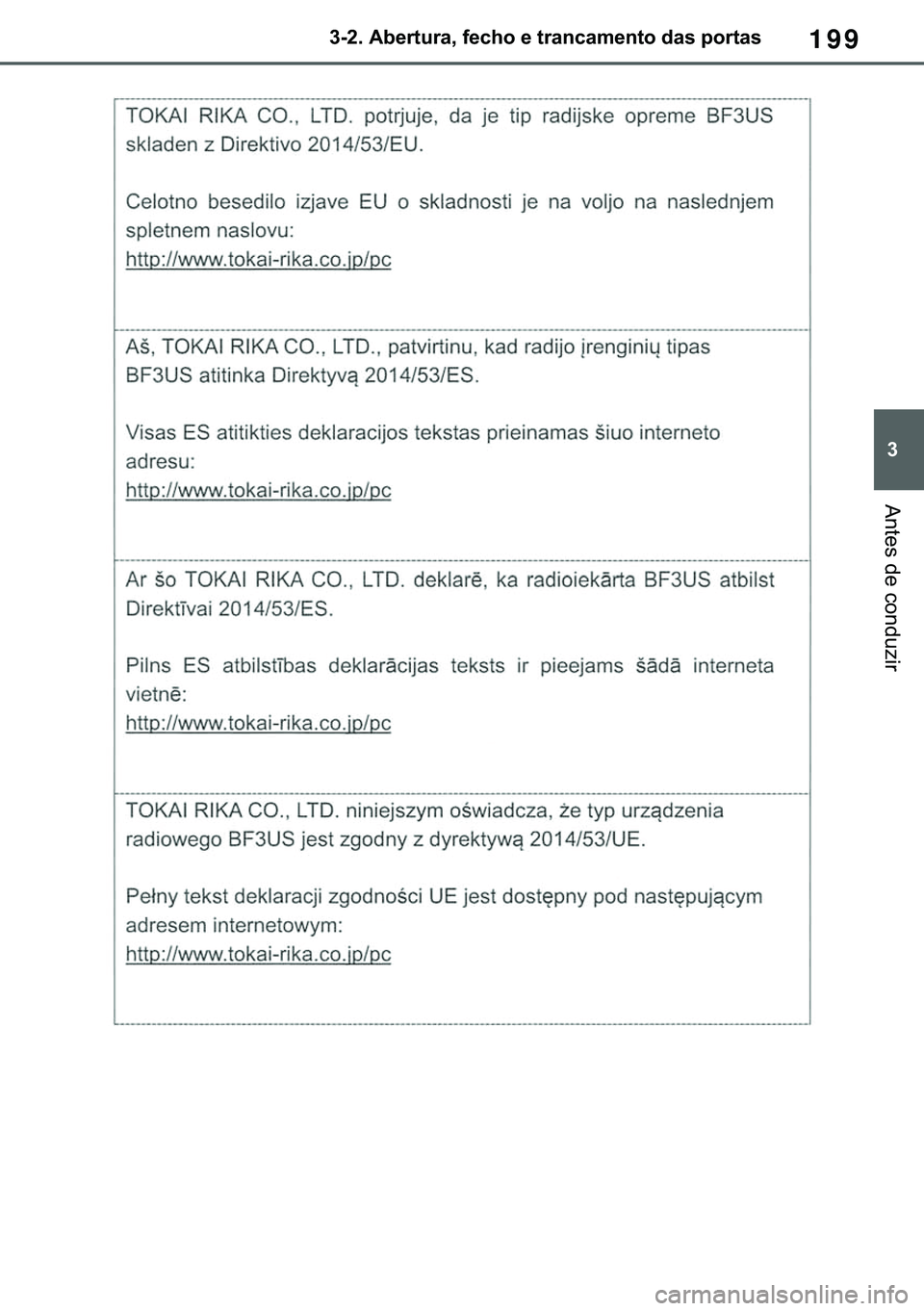 TOYOTA COROLLA HATCHBACK 2020  Manual de utilização (in Portuguese) 199
� ������$�E�H�U�W�X�U�D���I�H�F�K�R��H��W�U�D�Q�F�D�P�H�Q�W�R��G�D�V��S�R�U�W�D�V
�$�Q�W�H�V��G�H��F�R�Q�G�X�]�L�U 