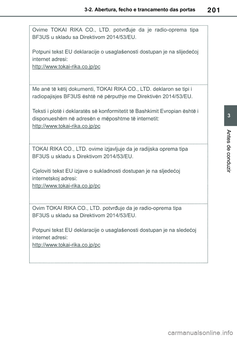 TOYOTA COROLLA HATCHBACK 2020  Manual de utilização (in Portuguese) 201
� ������$�E�H�U�W�X�U�D���I�H�F�K�R��H��W�U�D�Q�F�D�P�H�Q�W�R��G�D�V��S�R�U�W�D�V
�$�Q�W�H�V��G�H��F�R�Q�G�X�]�L�U 