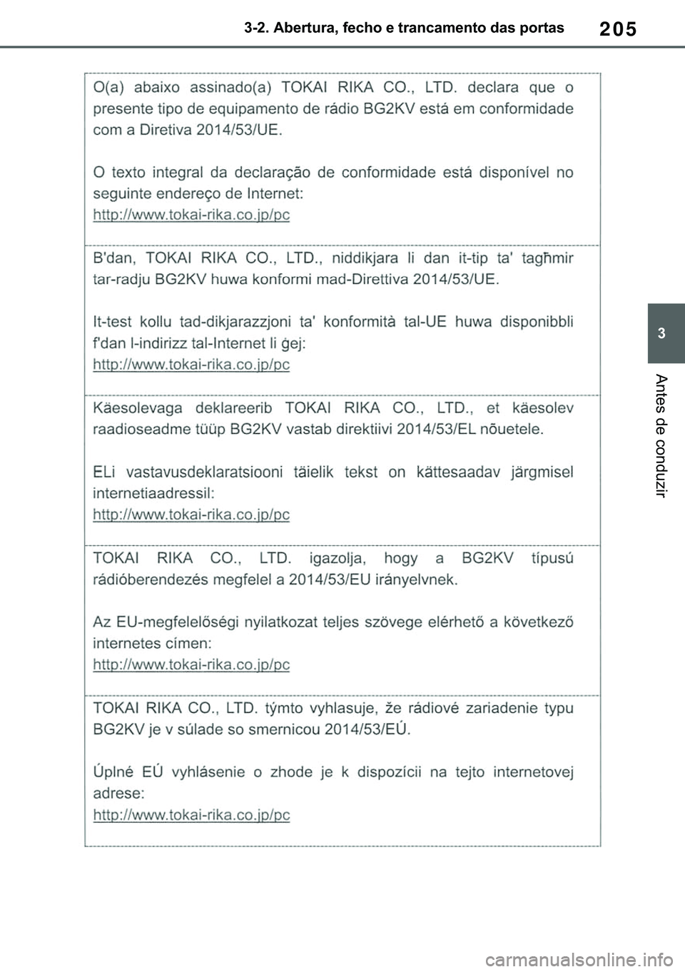 TOYOTA COROLLA HATCHBACK 2020  Manual de utilização (in Portuguese) 205
� ������$�E�H�U�W�X�U�D���I�H�F�K�R��H��W�U�D�Q�F�D�P�H�Q�W�R��G�D�V��S�R�U�W�D�V
�$�Q�W�H�V��G�H��F�R�Q�G�X�]�L�U 
