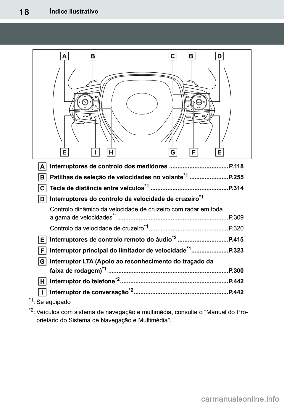 TOYOTA COROLLA HATCHBACK 2021  Manual de utilização (in Portuguese) 18�Ë�Q�G�L�F�H��L�O�X�V�W�U�D�W�L�Y�R
�,�Q�W�H�U�U�X�S�W�R�U�H�V��G�H��F�R�Q�W�U�R�O�R��G�R�V��P�H�G�L�G�R�U�H�V ����������������������������������� �3����