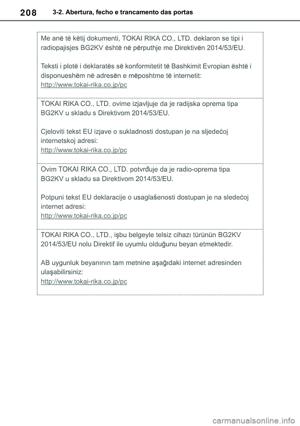 TOYOTA COROLLA HATCHBACK 2020  Manual de utilização (in Portuguese) 208������$�E�H�U�W�X�U�D���I�H�F�K�R��H��W�U�D�Q�F�D�P�H�Q�W�R��G�D�V��S�R�U�W�D�V 