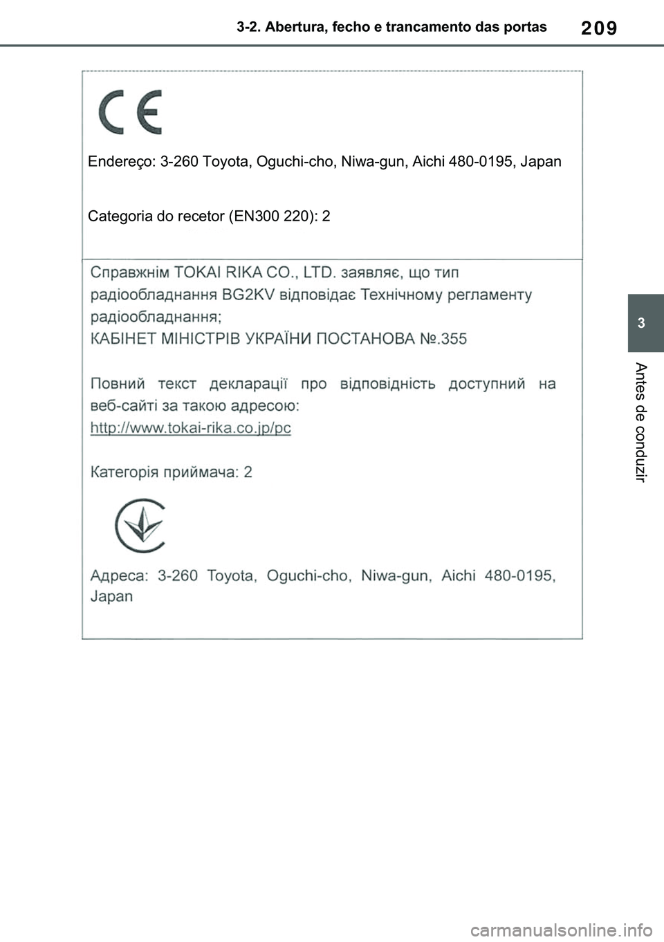 TOYOTA COROLLA HATCHBACK 2020  Manual de utilização (in Portuguese) 209
� ������$�E�H�U�W�X�U�D���I�H�F�K�R��H��W�U�D�Q�F�D�P�H�Q�W�R��G�D�V��S�R�U�W�D�V
�$�Q�W�H�V��G�H��F�R�Q�G�X�]�L�U
�(�Q�G�H�U�H�o�R���������7�R�\�R�W�D���2�J�X�F�K�L��F�K�