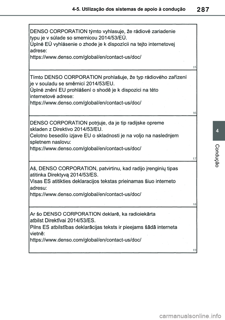 TOYOTA COROLLA HATCHBACK 2020  Manual de utilização (in Portuguese) 287
� ������8�W�L�O�L�]�D�o�m�R��G�R�V��V�L�V�W�H�P�D�V��G�H��D�S�R�L�R��j��F�R�Q�G�X�o�m�R
�&�R�Q�G�X�o�m�R 