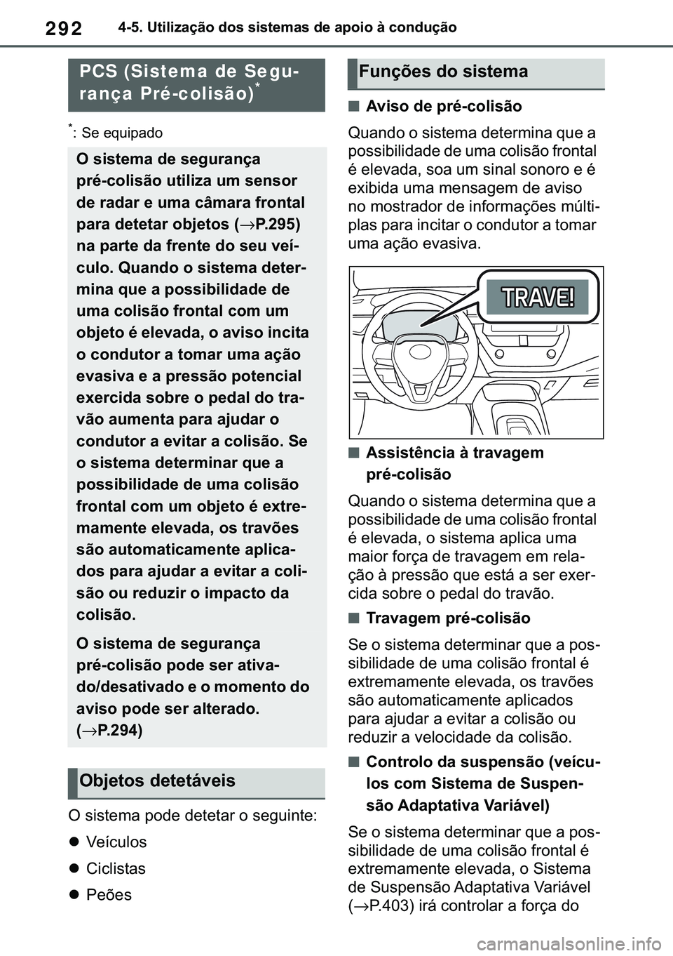 TOYOTA COROLLA HATCHBACK 2020  Manual de utilização (in Portuguese) 292������8�W�L�O�L�]�D�o�m�R��G�R�V��V�L�V�W�H�P�D�V��G�H��D�S�R�L�R��j��F�R�Q�G�X�o�m�R
�
� �6�H��H�T�X�L�S�D�G�R
�2��V�L�V�W�H�P�D��S�R�G�H��G�H�W�H�W�D�U��R��V�H�J�X�L�Q�W�H�
�z�