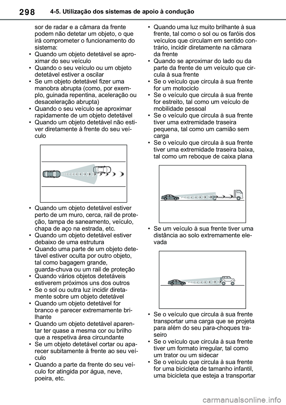 TOYOTA COROLLA HATCHBACK 2020  Manual de utilização (in Portuguese) 298������8�W�L�O�L�]�D�o�m�R��G�R�V��V�L�V�W�H�P�D�V��G�H��D�S�R�L�R��j��F�R�Q�G�X�o�m�R
�V�R�U��G�H��U�D�G�D�U��H��D��F�k�P�D�U�D��G�D��I�U�H�Q�W�H�
�S�R�G�H�P��Q�m�R��G�H�W�H�W�
