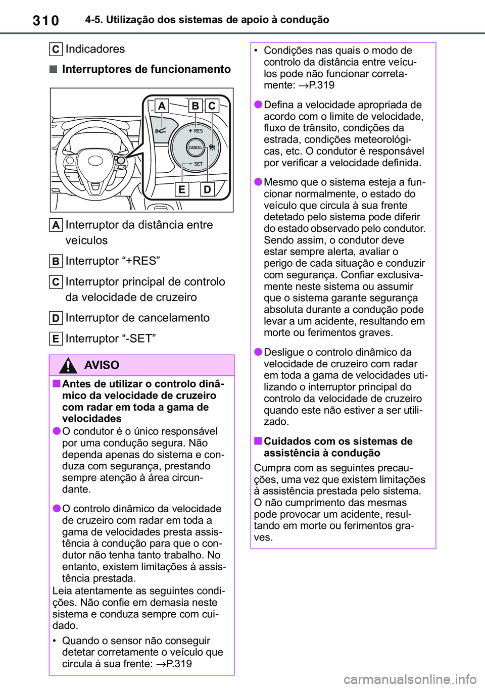 TOYOTA COROLLA HATCHBACK 2020  Manual de utilização (in Portuguese) 310������8�W�L�O�L�]�D�o�m�R��G�R�V��V�L�V�W�H�P�D�V��G�H��D�S�R�L�R��j��F�R�Q�G�X�o�m�R
�,�Q�G�L�F�D�G�R�U�H�V
■�,�Q�W�H�U�U�X�S�W�R�U�H�V��G�H��I�X�Q�F�L�R�Q�D�P�H�Q�W�R
�,�Q�W�H�U�U�