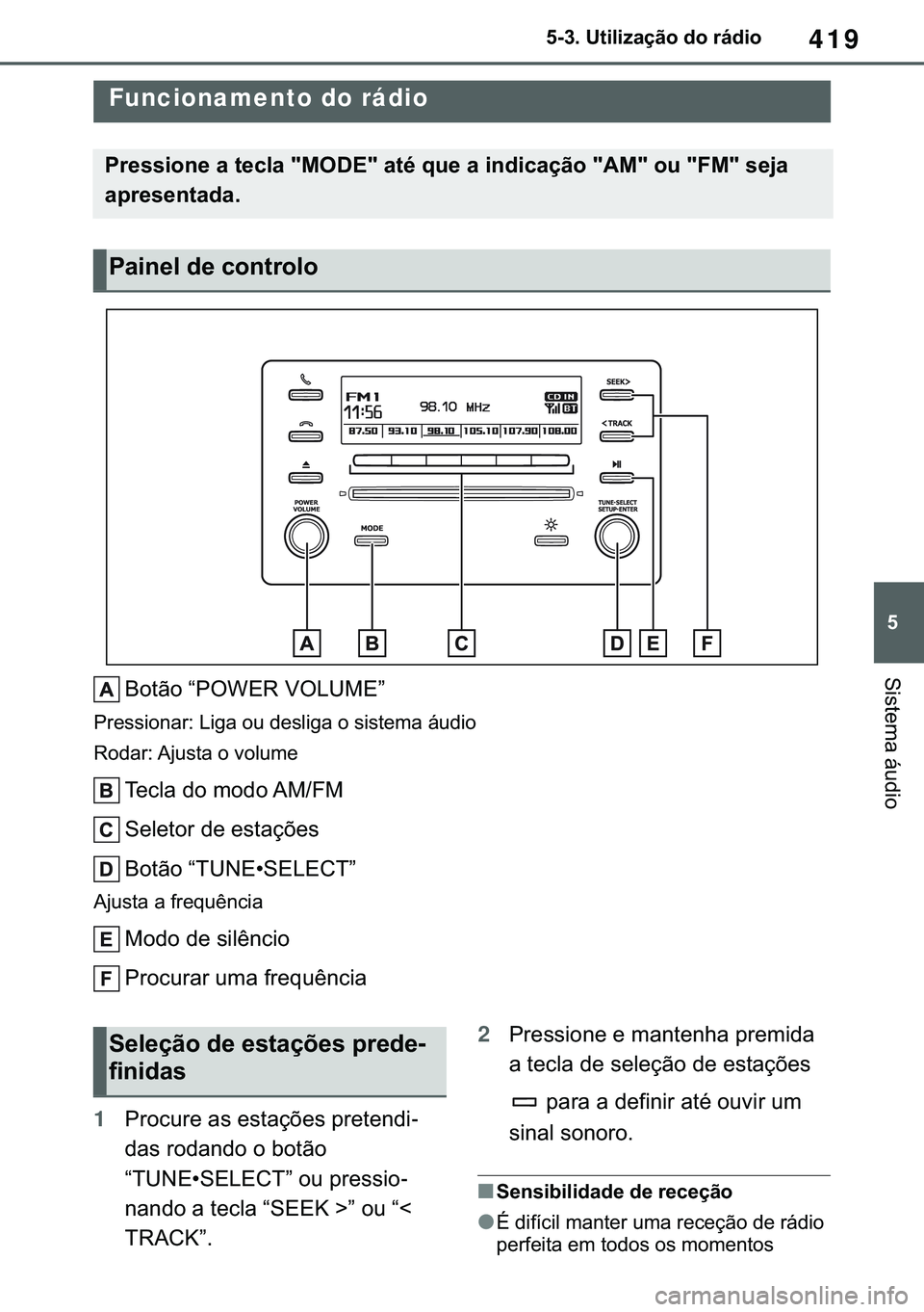 TOYOTA COROLLA HATCHBACK 2020  Manual de utilização (in Portuguese) 419
� ������8�W�L�O�L�]�D�o�m�R��G�R��U�i�G�L�R
�6�L�V�W�H�P�D��i�X�G�L�R
�����8�V�L�Q�J��W�K�H��U�D�G�L�R
�%�R�W�m�R��³�3�2�:�(�5��9�2�/�8�0�(�´�
�3�U�H�V�V�L�R�Q�D�U���/�L�J�D�