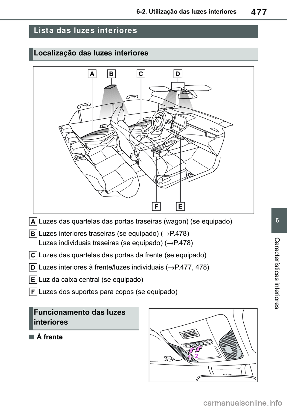 TOYOTA COROLLA HATCHBACK 2021  Manual de utilização (in Portuguese) 477
� ������8�W�L�O�L�]�D�o�m�R��G�D�V��O�X�]�H�V��L�Q�W�H�U�L�R�U�H�V
�&�D�U�D�F�W�H�U�t�V�W�L�F�D�V��L�Q�W�H�U�L�R�U�H�V
�����8�V�L�Q�J��W�K�H��L�Q�W�H�U�L�R�U��O�L�J�K�W�V
<002f005
