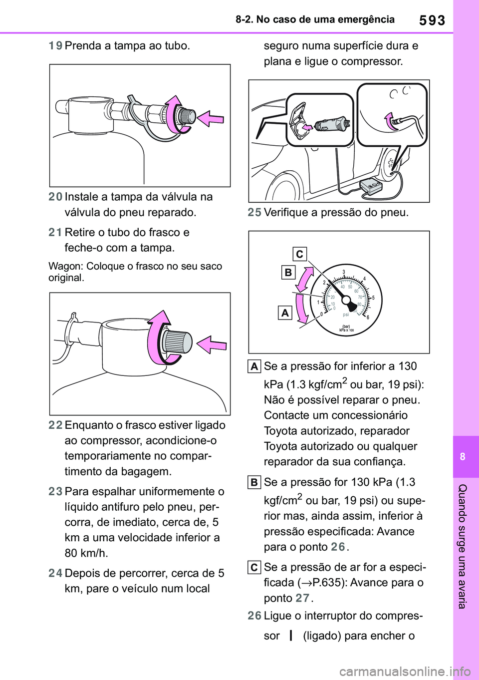 TOYOTA COROLLA HATCHBACK 2021  Manual de utilização (in Portuguese) 593
� ������1�R��F�D�V�R��G�H��X�P�D��H�P�H�U�J�r�Q�F�L�D
�4�X�D�Q�G�R��V�X�U�J�H��X�P�D��D�Y�D�U�L�D
19�3�U�H�Q�G�D��D��W�D�P�S�D��D�R��W�X�E�R�
20�,�Q�V�W�D�O�H��D��W�D�P�S�D��G